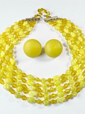 Vintage W. Germany 5 Strand Sunny Yellow White Beaded Necklace & Button Earrings